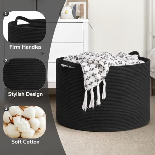 Goodpick Large Storage Basket, 23.5'' x 15.8'' Woven Storage Baskets, Cotton Rope Toy Storage for Kids Decorative Laundry for Home, Perfect for Living Room, 115L Black - color: Black, size: 23.5x23.5x15.8 Inch (Pack of 1)