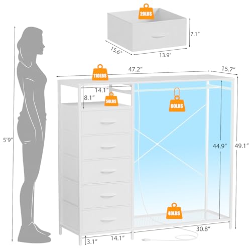 47 Inch White Dresser with LED Lights & Hanging Rack, 5 Drawer Fabric Dresser with Charging Station and Shelves, Tall Closet Organizer for Bedroom Clothes Storage - color: White, size: 11.8"D x 39.4"W x 31.5"H (5 Drawers)