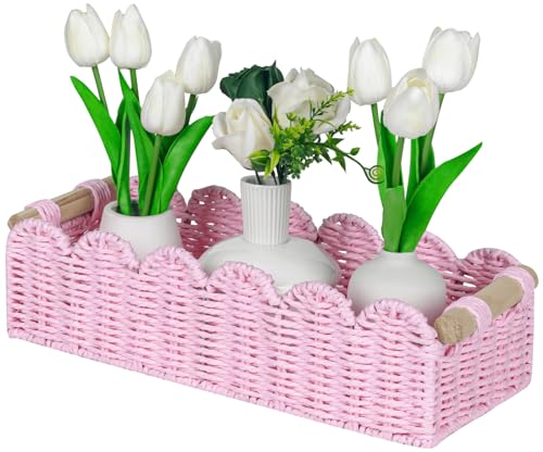 CubesLand Paper Rope Scalloped Edge Gift Basket Empty, Small Living Room,Bedroom Decor Baskets, Pink Woven Toilet Paper Storage Basket, with 2 Wooden Handle, Rectangular - color: Pink, size: M - 14"L x 6.3"W x 3.9"H