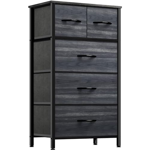 YITAHOME Fabric Dresser with 5 Drawers - Storage Tower with Large Capacity, Organizer Unit for Bedroom, Living Room & Closets - Sturdy Steel Frame, Wooden Top & Easy Pull Fabric Bins - color: Black Wood Grain, style: 5-Drawer