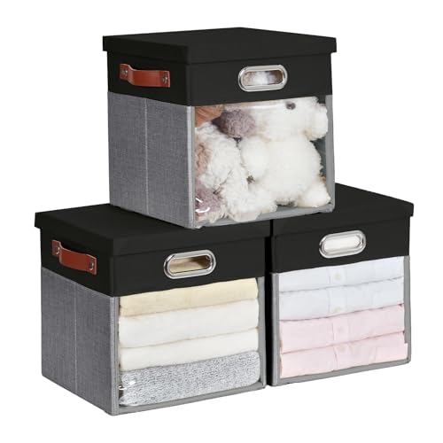 Ultra Thick Fabric Storage Cubes with Lids & Windows, 11-Inch Foldable Closet Storage Bins with 3 Handles, Home Decorative Boxes for Bedroom, Living Room, Dorm, Office (Black & Gray) - color: Black&Gray, size: 11"L x 11"W x 11"H