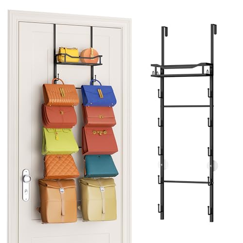 SWTYMIKI Over The Door Purse Organizer - Wall Mounted Purse Rack with 10 Hooks and Metal Basket, Handbag Hanger Organizer Holds up to 10 Bags, Bag Rack Can Use As 1/2 Part, for Door, Closet - color: Black, size: 6-Tier