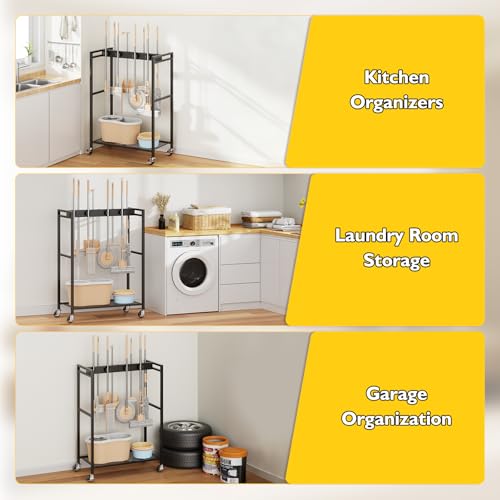 BORISI Broom And Mop Holder, Movable Broom Closet Storage Cabinet, Cleaning Cart with Mop Hanger Gripper Rack, Janitorial Cart, Utility Carts, Laundry Room Organization Home Essentials - size: Medium