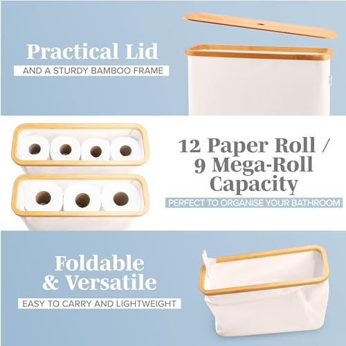 LONBET Toilet Paper Storage for 12 Rolls, Stackable & Foldable - The Ultimate Bathroom Organizer - Waterproof Basket with Bamboo Lid - Elegant Toilet Paper Storage Holder, Beige - color: Beige, size: 12 rolls