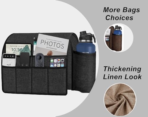 Ntomtuex Sofa Armchair Caddy Remote Control Holder with Water Bottle for Couch Recliner, Armrest Organizer with 7-Pocket Design for Magazines, Eyeglasses, iPad, Phone, Dark Grey - color: Dark Grey