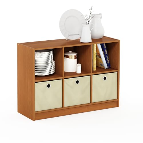Furinno Basic 3x2 Bookcase Storage w/Bins, Light Cherry/Ivory - color: Light Cherry/Ivory, size: 6-Cube with Bin