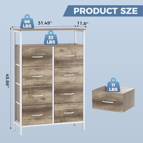 DUMOS Fabric Dresser for Bedroom with 8 Drawers, Tall 8-Drawer Chest of Drawers with Raised Shelf, Storage Tower with Fabric Bins for Closet Organization, Hallway Storage, Oak - color: Oak, size: 31.5"D x 45.9"W x 11.8"H (8 Drawers)