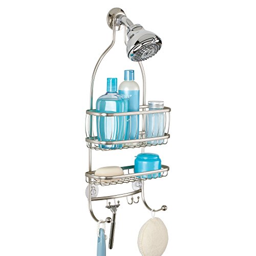 iDesign York Metal Wire Hanging Shower Caddy, Extra Wide Space for Shampoo, Conditioner, and Soap with Hooks for Razors, Towels, and More, 9.75" x 4" x 22", Satin Silver - color: Satin