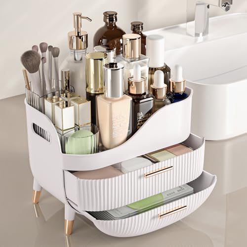 Pajiriona Makeup Organizer with Drawers,Skincare Organizer for Vanity,Storage Box with Handle,Large Cosmetic Display case for Dresser, Bathroom Countertop - color: White