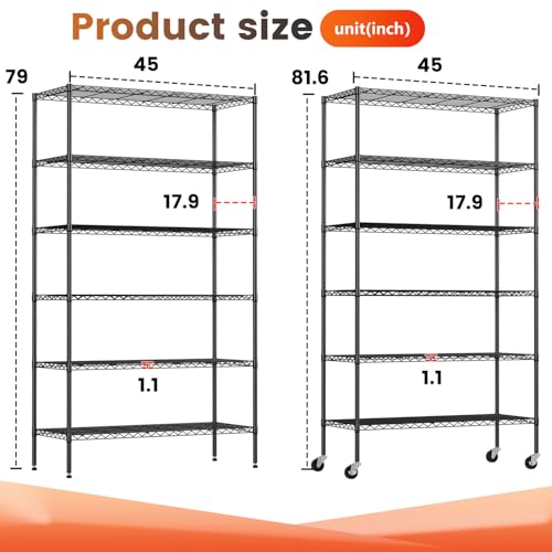 BestOffice | 6-Tier Wire Storage Shelves with Wheels | 18x45x82 | Black | Adjustable Racks | Heavy-Duty Metal Shelf, Holds Upto 2100 lbs | No-Tool Assembly | Ideal for Home & Garage Shelving - color: Black, size: 45"W x 18"D x 82"H