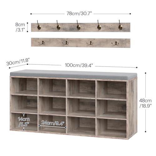 HOOBRO Shoe Storage Bench with Cushion, 39.4" L Entryway Bench with 12 Cubbies, Entryway Hall Tree with Storage, Shoe Cabinet with Coat Rack for Bedroom, Hallway, Holds up to 330 lb, Gray GY112HX01 - color: Grey