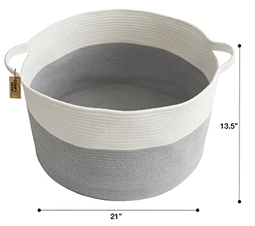 COMFY-HOMI XXXL Large Laundry Basket, Cotton Rope Nursery Woven Basket for Storage, Blanket Baskets Living Room Laundry Hamper, Dog Toy Storage Organizer, Home Decor-21''x21''x13.6''-White/Grey - color: grey