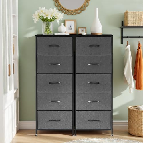 Nightstand, 5 Drawer Dresser End Table Bedside Furniture with Wooden Top Steel Frame Fabric Bins for Bedroom, Closet, Entryway, Dorm, Living Room, Gray - color: Grey, size: 11.8"D x 15.8"W x 47.8"H (5 Drawers)