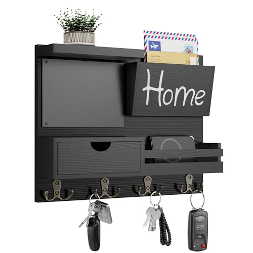 Dvobez Black Farmhouse Key Holder for Wall with Mail Organizer, 6-in-1 Entryway Organizer with Chalkboard, Drawer, Phone Wallet Holder, Top Shelf and 4 Double Hooks - color: Black