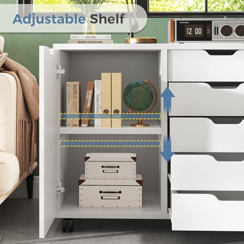 DUMOS 5 Drawer File Cabinet Office Drawers Organizer with Wheels Rolliing, Under Desk Cabinets with Shelves and Door Printer Stand with Wood Board Metal Frame for Home Office Storage Craft Room, White - color: White