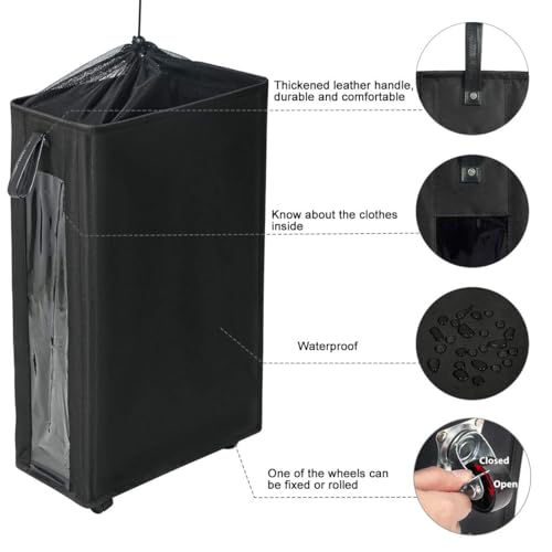 ZERO JET LAG 25 Inches Slim Laundry Storage Hamper - Large Rolling Clothes Hamper - Rolling Storage Bin - Tall Corner Basket - Clear Window Visible - Dirty Laundry Bin - (Black) - color: Solid Black