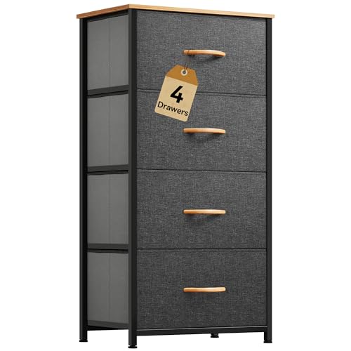 DWVO 4 Drawers Dresser, Small Dresser for Bedroom, Fabric Storage Tower, Chest of Drawers, Organizer Unit for Closets, Living Room, Sturdy Steel Frame, Wooden Top, Easy Pull Handle - color: A - Cool Dark Grey, style: 4-Drawer