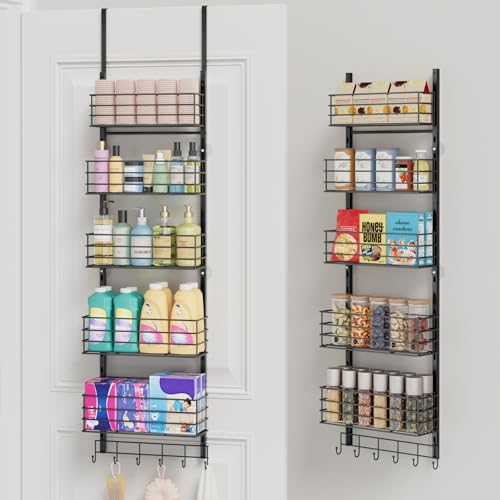 SWTYMIKI Over The Door Organizer - Door Organizer Hanging with 5 Adjustable Metal Large Capacity Basket and 6 Coat Hook, Wall Mounted Shelf for Bedroom Closet Bathroom Laundry Pantry Cabinet Kitchen - color: Black