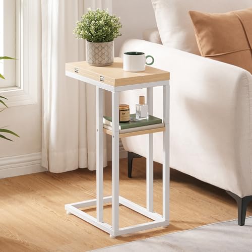 HOOBRO Foldable End Table, C Shaped Side Table with Storage Shelf, Small Snack Table Suitable for Living Room Bedroom Small Spaces, Easy Assembly, White and Natural WN29SF01 - color: White + Natural