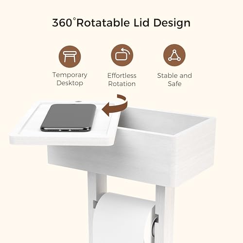 Wealone 4-in-1 White Toilet Paper Holder Stand with Storage Shelf Box, Bamboo Free Standing Toilet Tissue Roll, Toilet Wipes Dispenser Organizer, Temporary Desktop for Bathroom (Patent Protection) - color: White