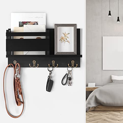 Key and Mail Holder for Wall Decorative - Rustic Mail Organizer Wall Mount, Wooden Letter Sorter Organizer with 4 Key Rack Hooks for Hallway Kitchen Farmhouse Decor (16.5” x 9.1” x 3.4”) (Black) - color: A - Black
