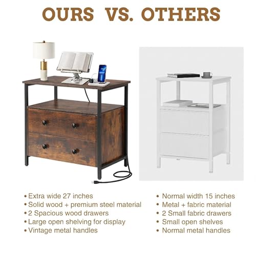 Edbuosy 27 inch Wide Night Stand with Charging Station, Bedside Table with Open Shelf, 2 Drawers Small Wood Dresser, Modern Wood Nightstand for Bedroom/Living Room (Rustic Brown) - color: Retro Brown, size: 2 Drawers