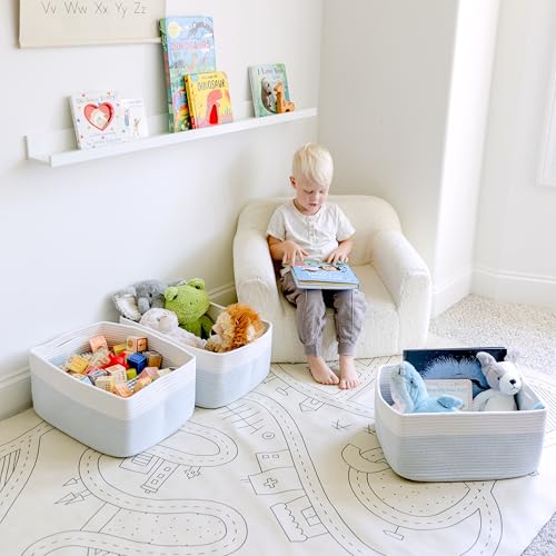NaturalCozy Storage Baskets 16.8”x13”x7.6” Cotton Rope Woven Baskets for Organizing 3-Pack | Toy Storage Bins | Basket for Shelves, Laundry, Blanket, Clothes, Closet, Kitchen, Bathroom, Gifts - color: Off White & Mixed Blue