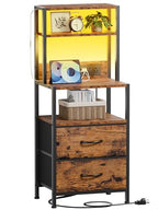Furnulem Night Stand, Tall Nightstand with 4-Tier Shelves, 2 Fabric Drawers and LED Lights, Bed Side Tables with Charging Station, Bedside Table for Bedroom, Office, Rustic Brown - color: Rustic Brown, size: 2 Drawer