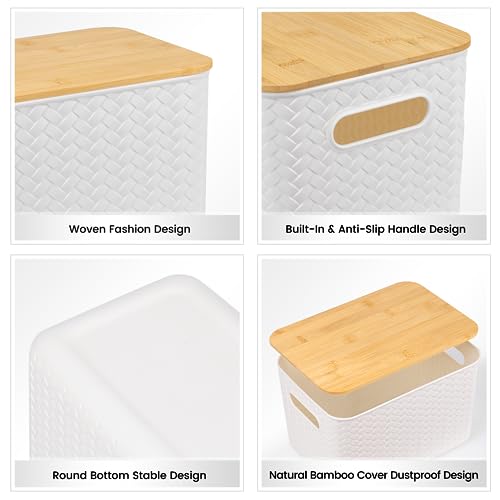 Ohmlove 4 Packs Storage Bins with Bamboo Lids - Plastic Storage Containers with Lids Stackable Storage Box：Storages Baskets for Organizing Desktop Closet Playroom Classroom Office,White - color: White