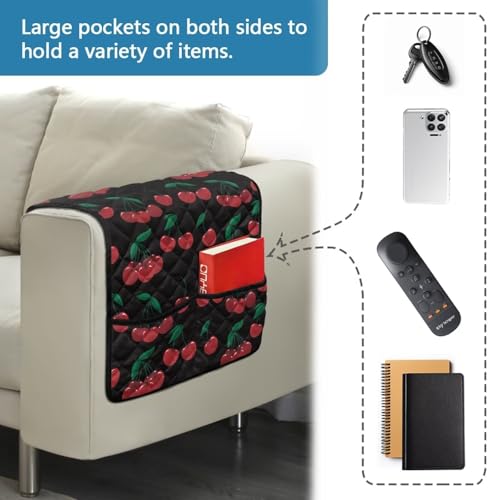 Red Cherry Print Couch Arm Covers with 2 Organizer Pockets Soft Couch Protector Anti-Slip Slipcovers for Pet Armchair, Loveseat, Recliner - color: Red Cherry