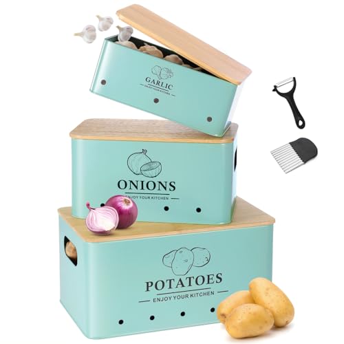 Kitchen Vegetable Storage Set of 3, Metal Onion Garlic Potato Storage Set, Kitchen Canisters Vegetable Keeper Containers with Aerating Holes and Wooden Lid (Blue) - color: Blue