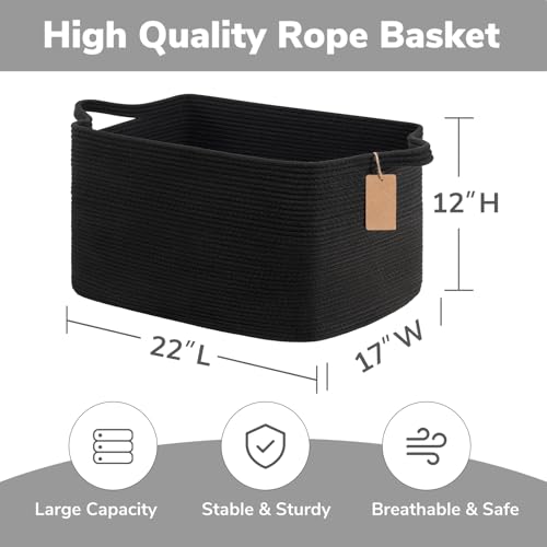 Goodpick Woven Storage Baskets for Organizing 22”x17”x12” Large Blanket Basket for Living Room Bedroom, Rectangle Nursery Baby Toy Storage Basket for Kids Boys, Black - color: Black, size: 22"L x 17"W x 12"H