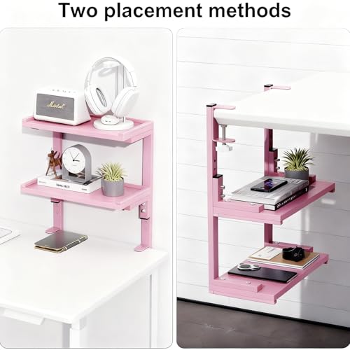 Spacrea clamp on Desk Shelf, 2 Tier Office Desk Shelves Organizer, Wood Desktop Supplies Storage Rack, Desk Organizers and Accessories (Pink) - color: Pink
