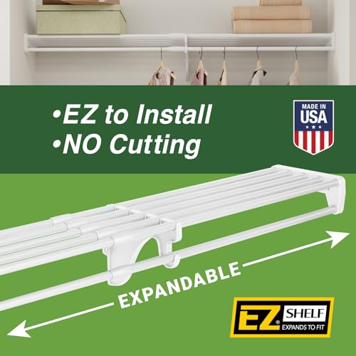EZ SHELF - Hanging Shelf - Closet Rod - Expands 63.3-118” - White, Closet Shelves - Strong, Holds 200 lbs - DIY, Easy Install - to 2 Side Walls - Alternative to Wire Shelving - color: White, size: 64 in-118 in