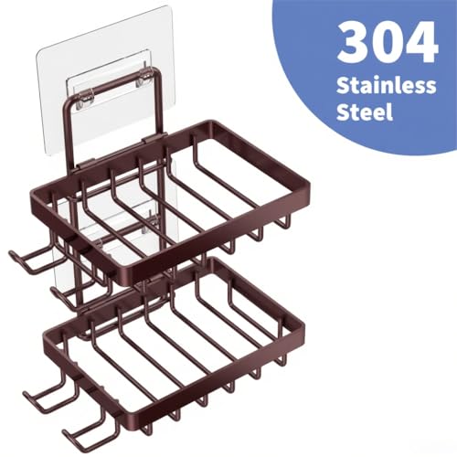Moforoco Brown Double Soap Bar Holder for Shower, No Drilling, 304 Stainless Steel, Wall Mounted Soap Holder with 4 Hooks and Razor Holder, Shower Rack Soap Tray Bar Soap for Bathroom Accessories - color: Brown, size: 2-T