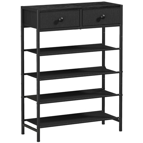 Shoe Rack, 5 Tier Shoe Organizer with 2 Drawers, Metal Shoe Storage for 16-20 Pairs of Shoes with Fabric Shelves and Wooden Top, Narrow Shoe Shelf for Closet Entryway Black - color: Black, size: 5 Tier(27.6 × 10.8 × 37.8)