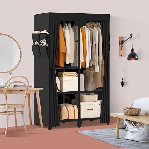 Wardrobe Closet, Quick and Easy Assembly, Black Portable Closet with 2 Hanging Rods 4 Storage Shelves and 8 Side Pockets, Sturdy and Stable Clothes Rack with Cover, for Bedroom and Dormitory - color: Black, size: 34 Inch