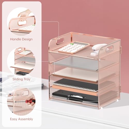 Supeasy 5 Trays Paper Organizer Letter Tray with Handle-Mesh Desk File Organizer, Paper Sorter Desk Organizer for Office, Home or School (Rose Gold) - color: Rose Gold