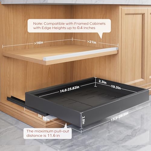 Seinloes 4 Pack Pull Out Cabinet Organizers 21" Deep With Raising Pad for Framed Cabinets, Expandable Width (15.2"-26.3") Slide Out Drawers Upgrade 3 Slide Rails, Roll Out Shelves Adhesive, Black - color: Black, size: 15.2"-26.3"Wide x 21"Deep(4 Pack)