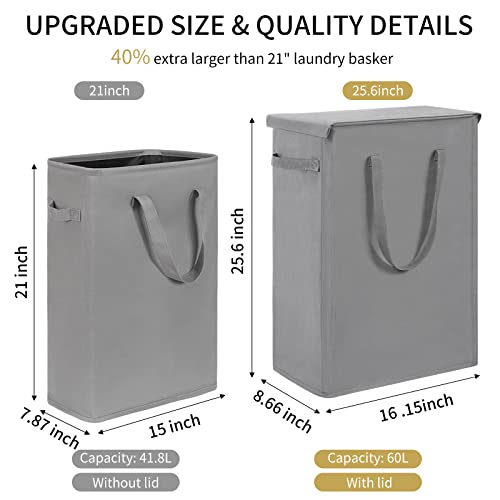 Chrislley 60L Slim Laundry Hamper with Lid Narrow Laundry Basket with Handle Upgrade Foldable Dirty Clothes Hamper Portable Skinny Hamper Organizer Storage Bins (25.6 inches, grey) - color: grey