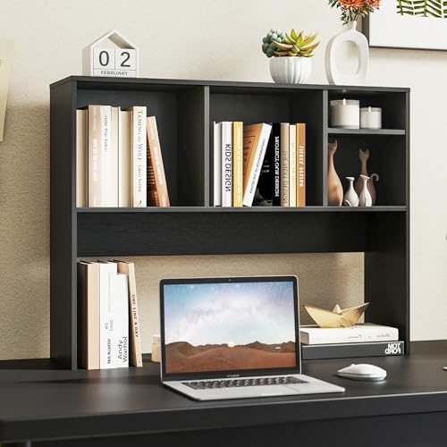 Tangkula Desktop Bookshelf, Countertop Storage Hutch with 4 Shelves for Computer Desk, Desktop 2-Tier Display Rack, Multipurpose Wood Desk Hutch Storage Organizer for Dorm Office Home (Black) - color: Black, size: 4 Shelves