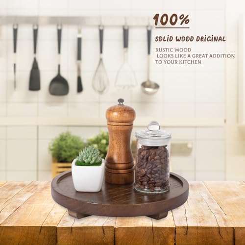 Round Decorative Tray Wood Bathroom Counter Organizer Farmhouse Kitchen Decor Wooden Riser for Soap Dish, Perfume, Candle, Sponge, 9" - Walnut - color: Walnut, size: 9"