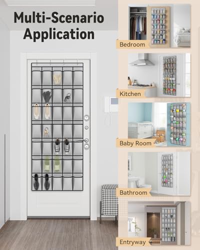 dodowin Over the Door Shoe Organizer Rack, 35 Large Breathable Mesh Pockets, Foldable Hanging Storage Holder for Closet Door, Space Saving Shoe & Accessory Organizer with 4 Metal Hooks, Gray - color: Gray, size: 35 Pockets