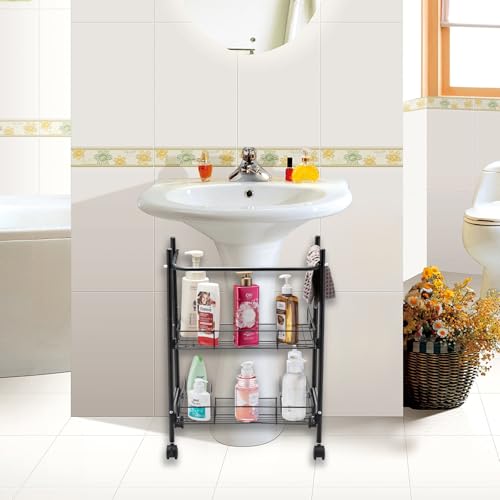 2-Tier Under Sink Organizer Multipurpose Movable Rolling Cart Storage Cabinet Basket for Bathroom Kitchen with Hand Towel Bar, Black