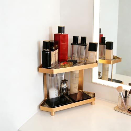 YUPER Corner Bathroom Counter Organizer, 2 Tier Countertop Corner Shelf for Perfume, Makeup Organizer, Skincare Organizers, Vanity Storage Tray for Bedroom, Bathroom Sink Shelf