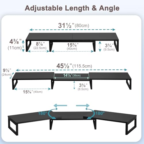 TEAMIX Desk Organizer Dual Monitor Stand Riser, Adjustable Computer Stand 45.5'' Long Desktop Shelf Office Organizer for Laptop,Printer,File,Keyboard Storage Ergonomic Design (Black)