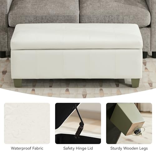 WUTUTUEE 41" Faux Leather Storage Ottoman, Stitch Tufted Rectangle Upholstered End of Bed Storage Bench, Entryway Large Couch Ottoman with Wooden Legs,White - color: White, size: 41 Inch