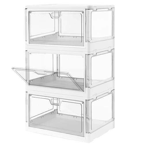 HYBRIDEAS 3-Pack Clear Stackable Storage Bins with Lids Magnetic Doors Open Front Foldable Folding Plastic Craft Containers Large Closet Organizers Box for Bedrooms Living Rooms Study Kids' Toys 24 QT - color: White