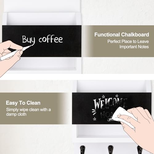 Key and Mail Holder for Wall, Key Holder with Chalkboard and Long Storage Box, Key Hanger with 3 Sturdy Hooks for Coat, Dog Leash, Entryway Mail Organizer (White) - color: White