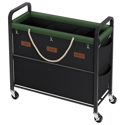Tajsoon 148L Large Laundry Sorter 3 Section, Laundry Hamper with Heavy Duty Lockable Wheels, Rolling Laundry Basket with Super Sturdy Metal Frame and Handle, Removable Bags & Leather Patchwork, Black - color: Black, size: 3 Bag 148L